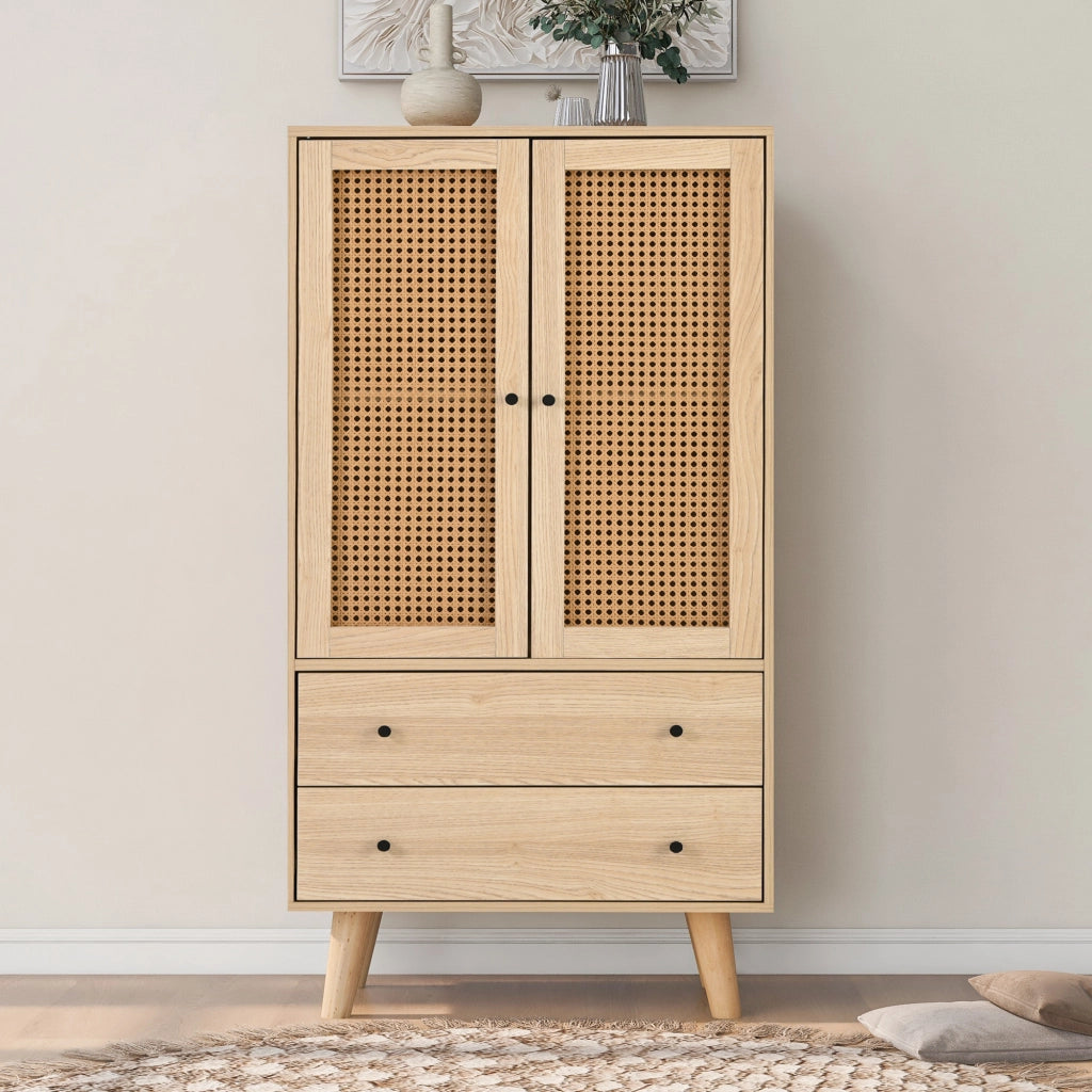 Credenza con 2 Ante e 2 Cassetti; Frontale Effetto Rattan; per Soggiorno o Sala da Pranzo; in Pannello Truciolare; 60 × 40 × 120 cm; Rovere