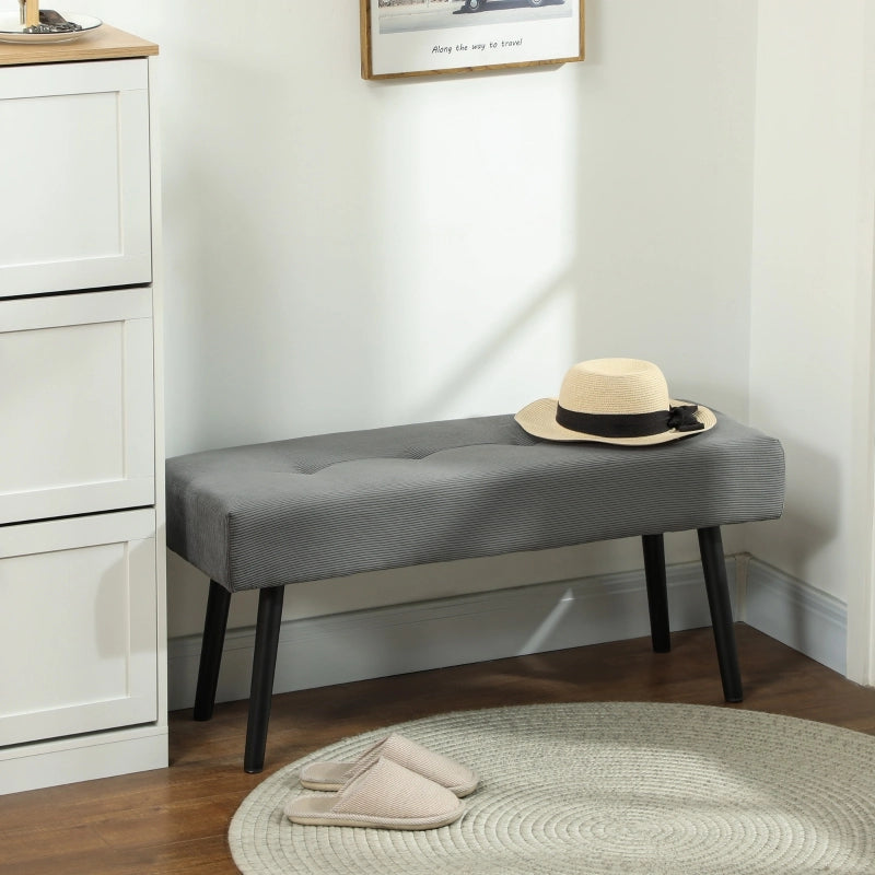 Panca imbottita in corduroy grigio 100 x 36 x 45 cm con gambe in acciaio, seduta moderna per ingresso e camera