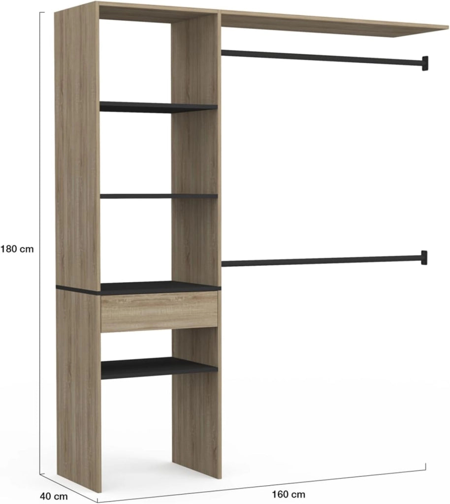 MELINE 160 x 40 x 180 cm set spogliatoio in faggio con ripiani neri + cassetto + armadio doppio