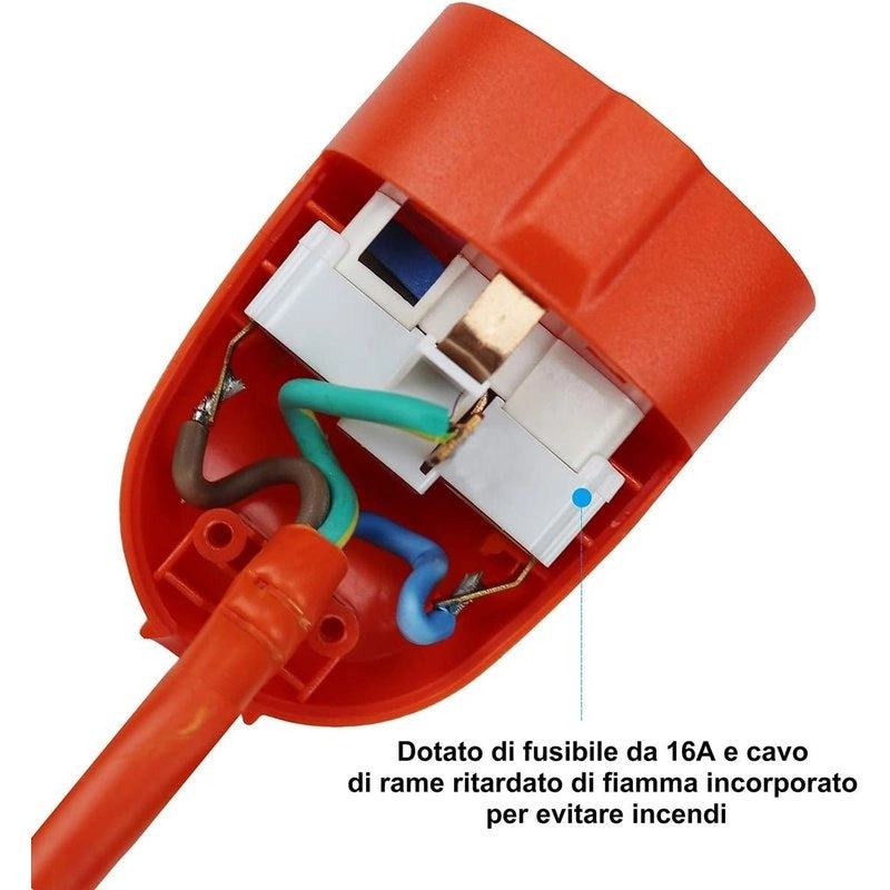 Prolunga Elettrica Lineare Colore Arancione 10M 3X1.5mm Spina Italiana 16A Presa Bipasso Schuko 10/16A Max 3500W