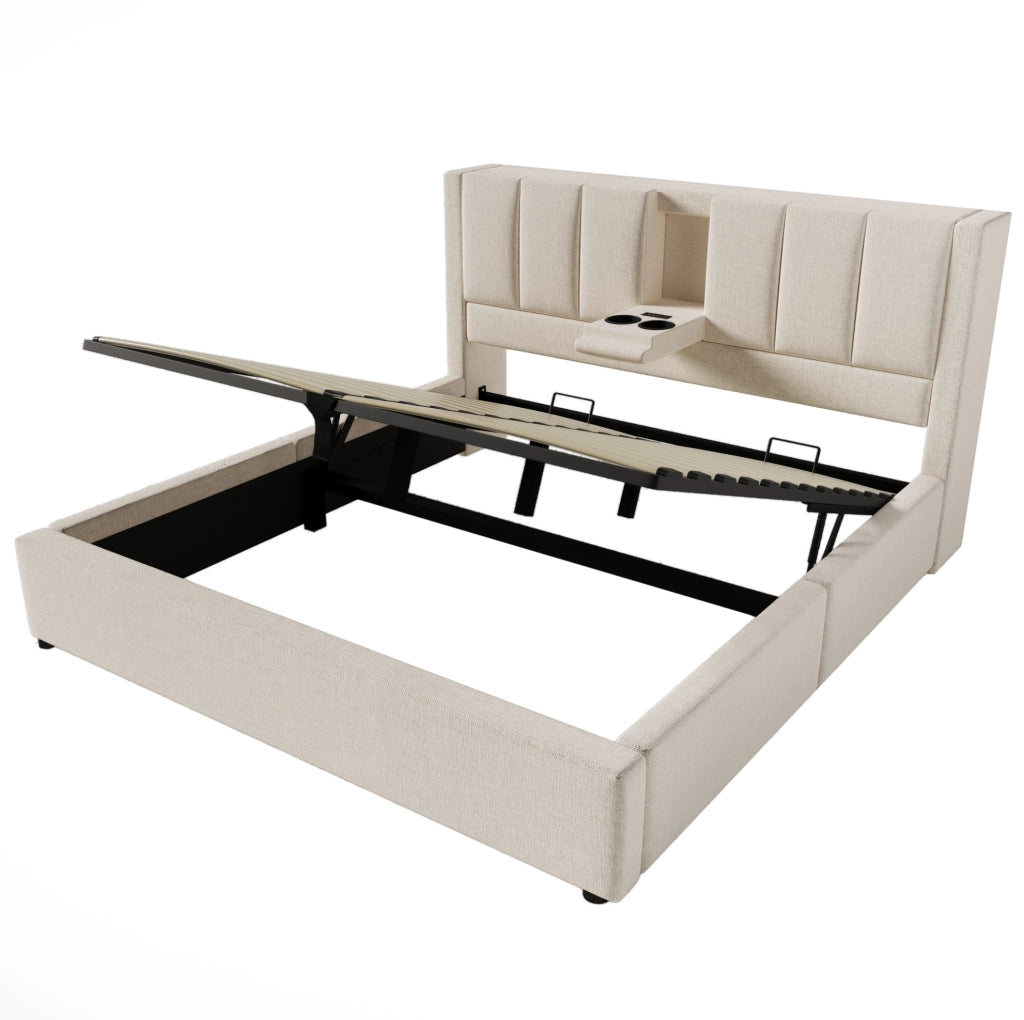 Letto matrimoniale imbottito 140x200 cm in lino beige con contenitore; presa di ricarica e portabicchieri