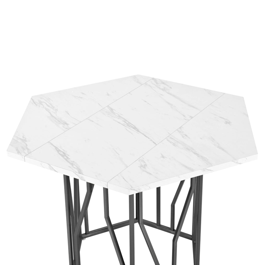 Tavolo da pranzo esagonale moderno 115;5 x 100 cm; piano effetto marmo bianco; base in metallo nero