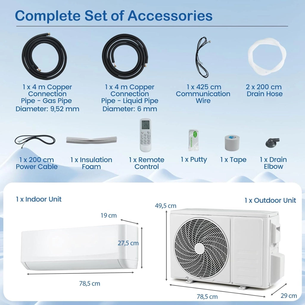 Split Condizionatore 12000 BTU Inverter R32 A++, Climatizzatore Eco, Riscaldamento/Raffreddamento/Deumidificazione, 7 Modalità, 8 Velocità del Ventilatore, Timer 24 Ore, Accessori Inclusi
