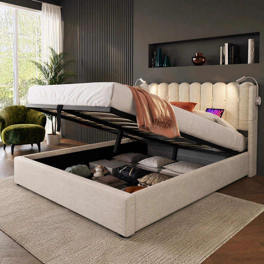 Letto contenitore 140x200 cm in lino naturale con testiera; luce da lettura e ricarica USB
