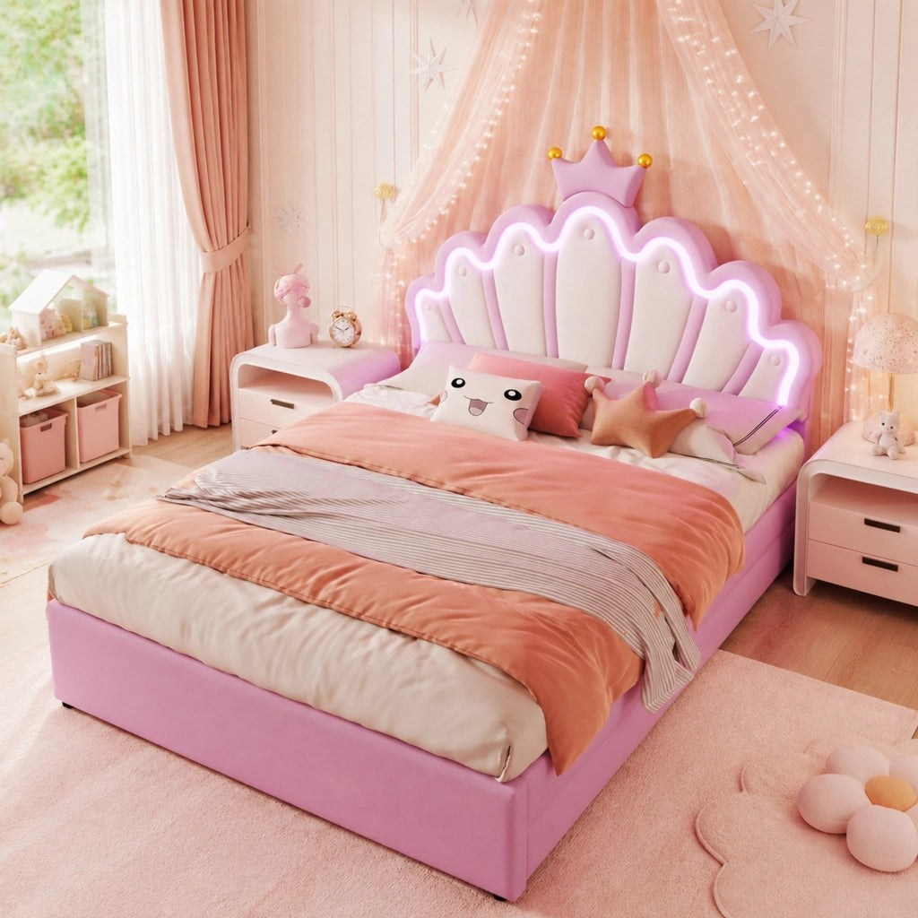 Letto imbottito per bambini 140x200 cm rosa con LED e cassetti