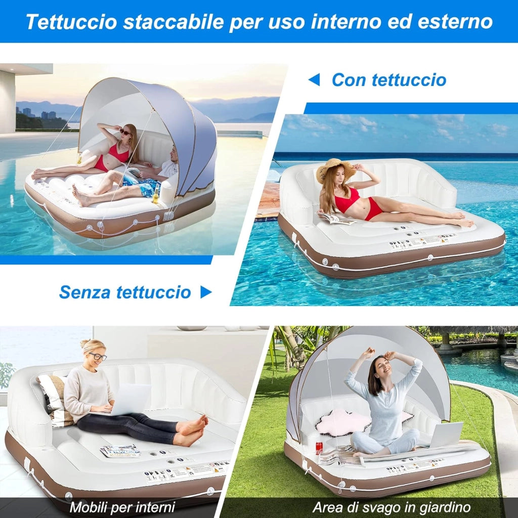 Letto Galleggiante Gonfiabile, Letto Galleggiante Mare con Tettuccio Retrattile e Rimovibile, 2 Porta Bicchieri, per Interna ed Esterna, UPF50+, Portata 200 kg