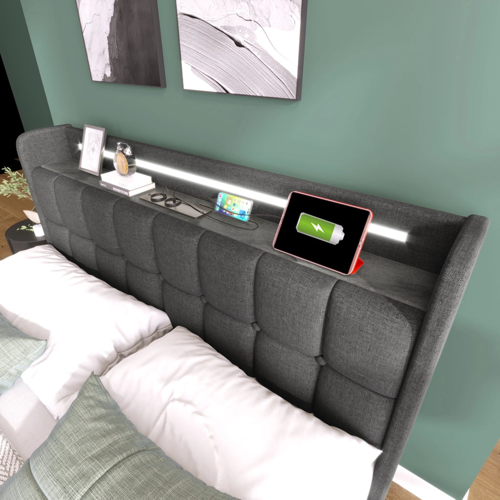 Letto matrimoniale – 140x200 cm – USB LED 4 cassetti con materasso – legno grigio