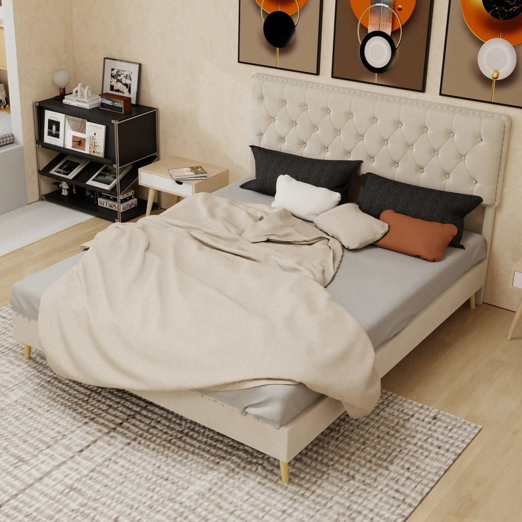Letto Basso 160 x 200 cm - Testiera Alta Imbottita e Spazio Sottoletto - Beige
