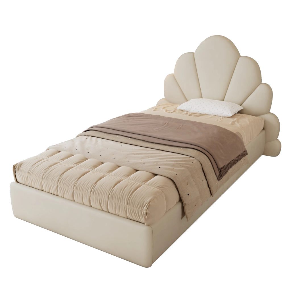 Letto Singolo 90 x 200 cm - Testiera a Petali e Tavolini Laterali - in Velluto - Beige