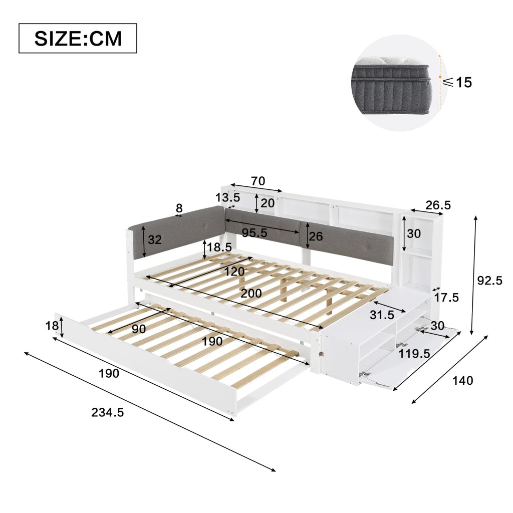Letto in legno con letto estraibile e scrivania, 120x200+90x190 cm, bianco