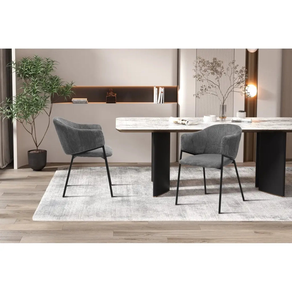 Sedia da pranzo IMANY – Velluto a coste grigio scuro – Braccioli – Piedi in metallo nero – Stile design / industriale