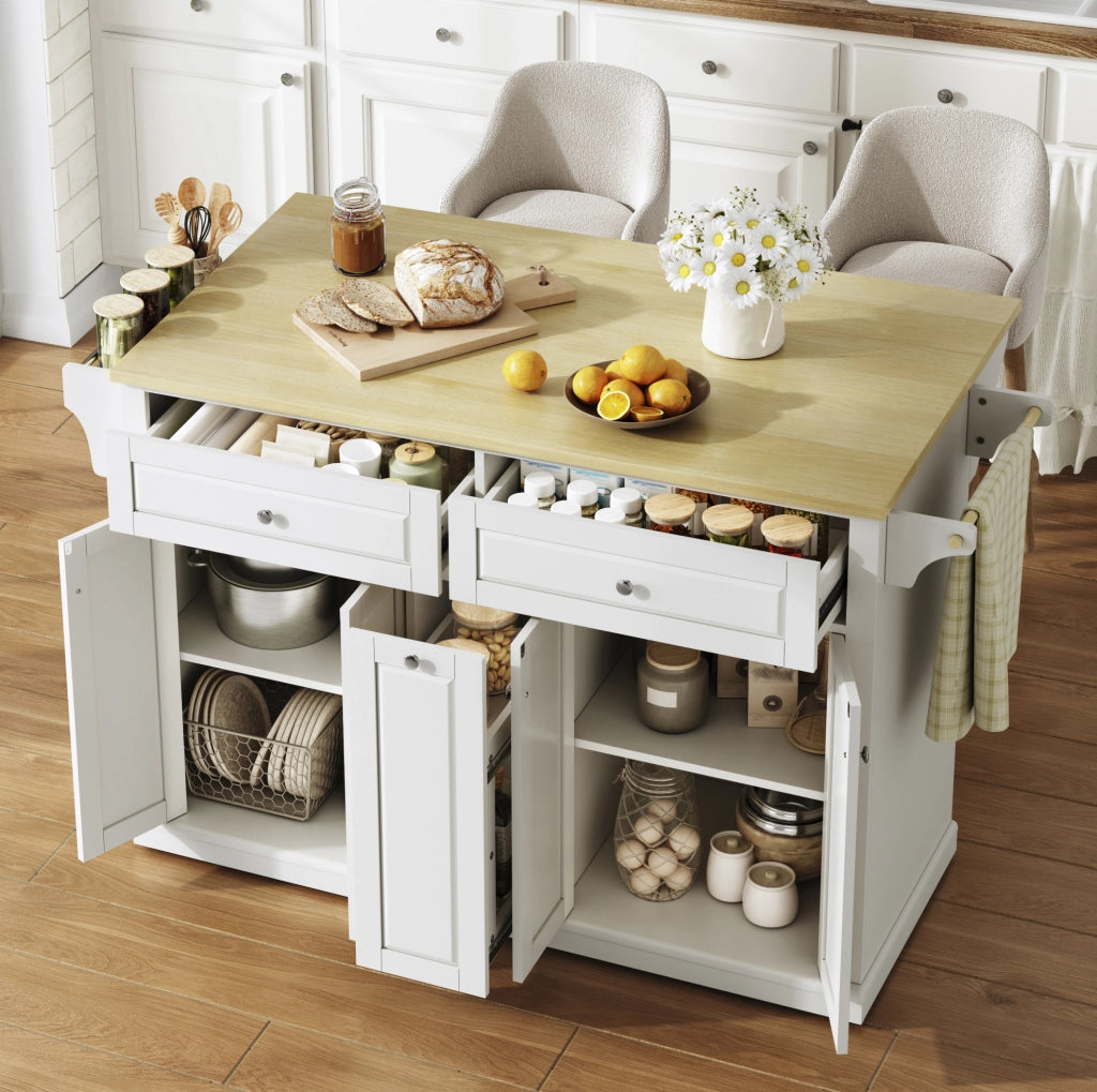 Isola da cucina con piano ribaltabile 121x69x89 cm in MDF naturale e bianco