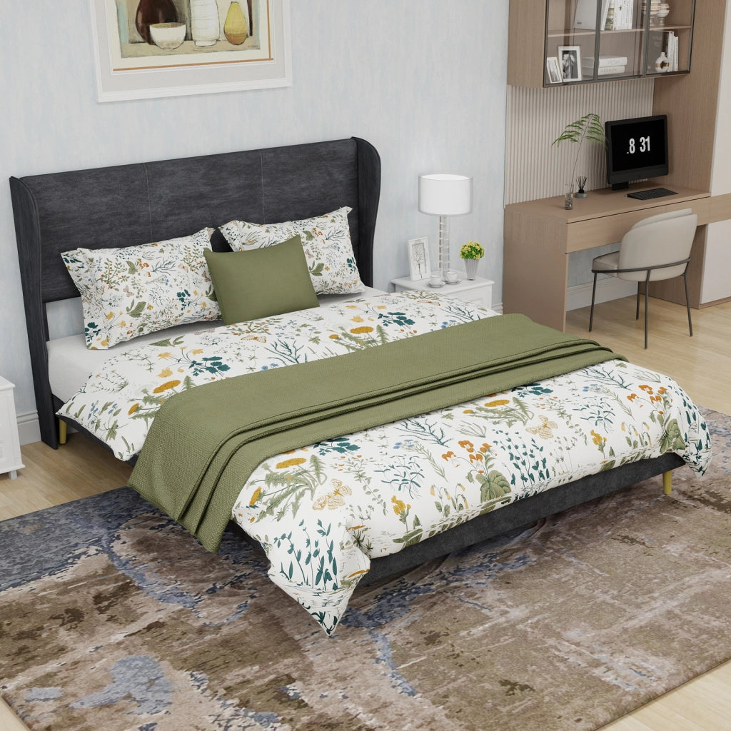Letto Matrimoniale 140 x 200 cm con Testiera Imbottita; Tessuto e Metallo; Grigio