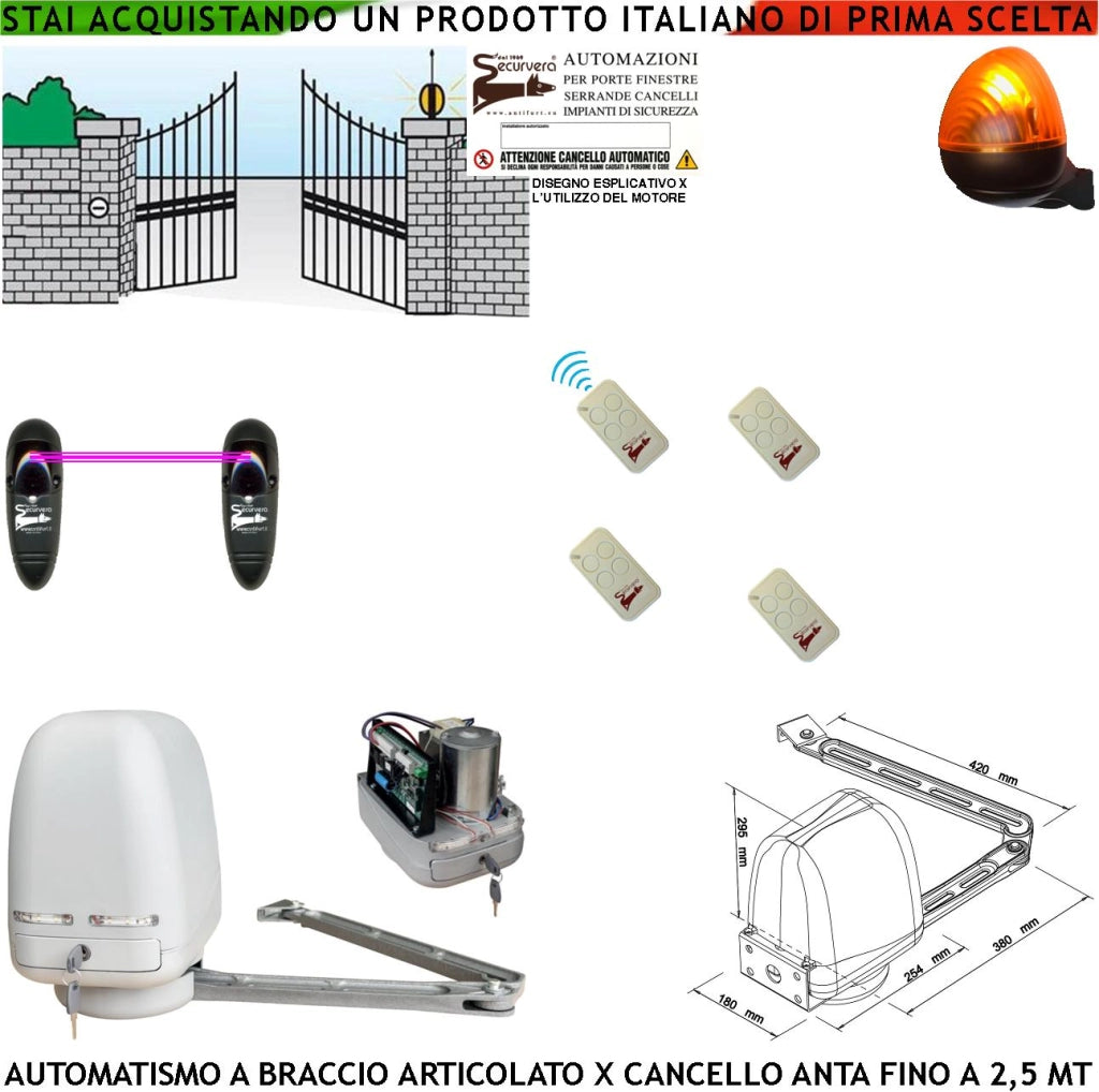 KIT MOTORE A BRACCIO ARTICOLATO 230/24 V CANCELLO AUTOMATICO ANTA BATTENTE DA 0,5 A 2,5 MT CENTRALE 4 RADIOCOMANDI FOTOCELLULE FARO