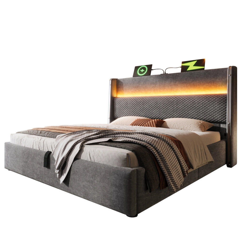 Letto matrimoniale 140x200 cm con testiera alta; LED; contenitore; USB e Type-C; grigio