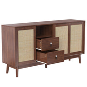 Credenza con 3 Ante Scorrevoli in Rattan e 2 Cassetti; Stile Naturale; in MDF; 155??38??80 cm; Legno