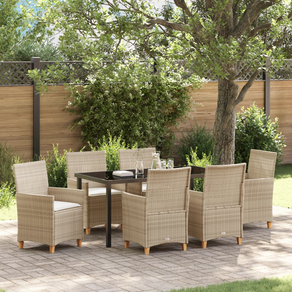 Set da Pranzo da Giardino da 7 Pezzi con Cuscini Beige Rattan Poliestere