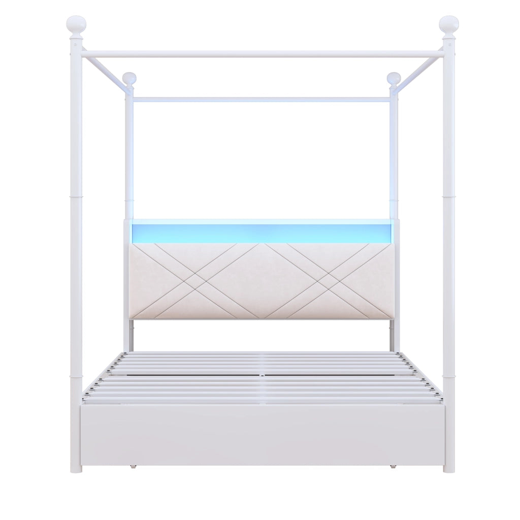 Letto Matrimoniale Contenitore con Baldacchino ¨C MINIMAL ¨C Bianco, LED, 140x190, 3 Cassetti