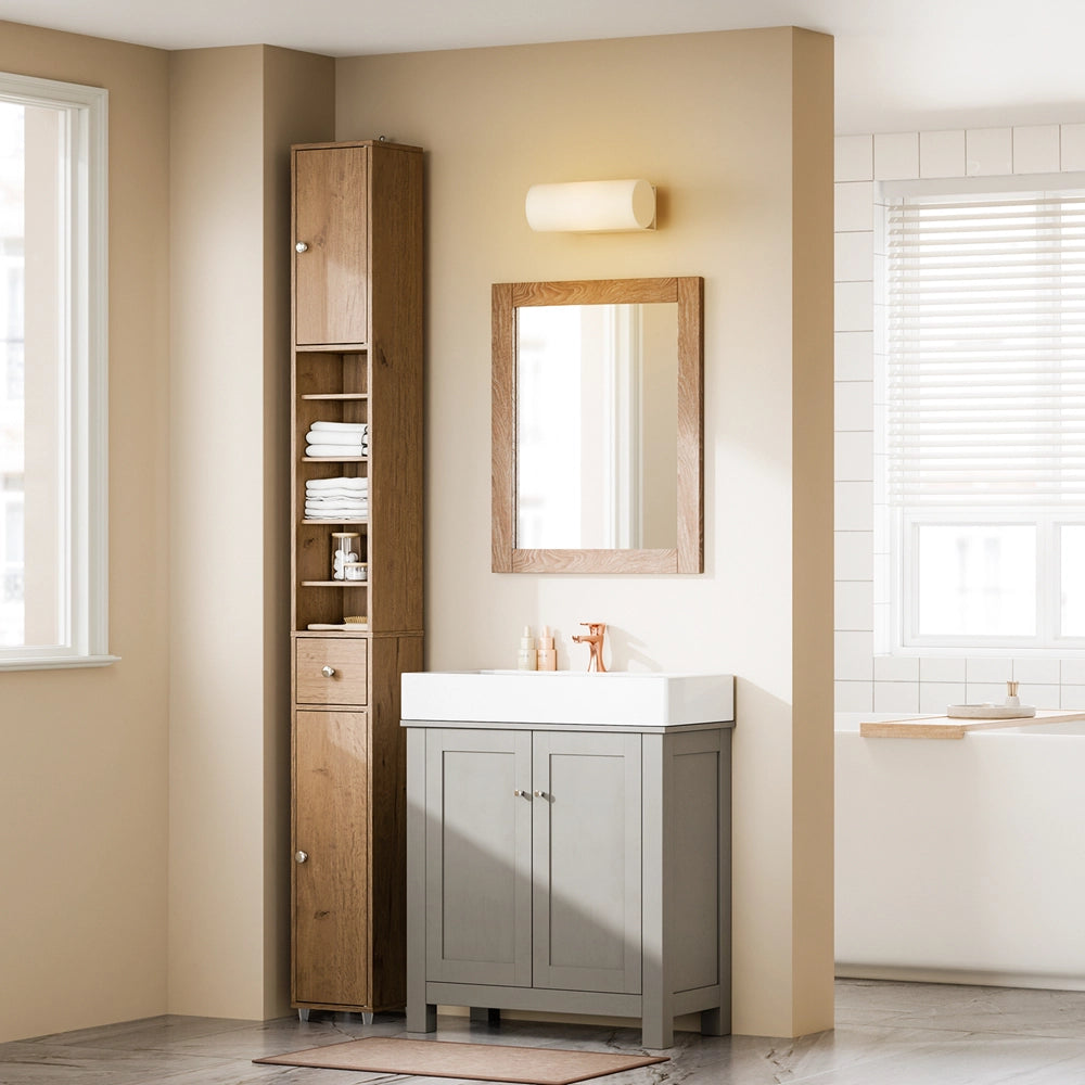 SoBuy Mobile Bagno Stretta – Colonna Bagno Idrorepellente, Alto con Ripiani Regolabili e Cassetto – Armadietto Salvaspazio di Legno, Colore legno, 20x180x20cm, BZR34-II-PF