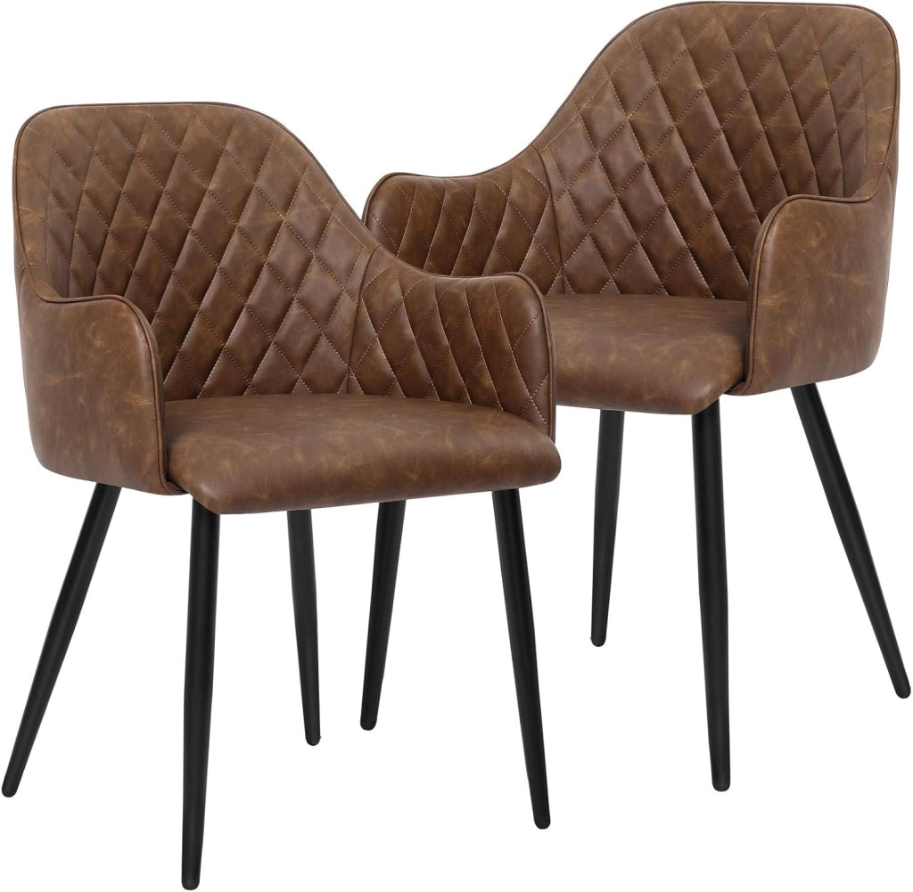 SONGMICS Set di 2 Sedia da Pranzo, Poltroncina, Sedia Imbottita con Braccioli, Rivestimento in PU con Effetto Vintage, per Sala da Pranzo Soggiorno Camera da Letto, Marrone LDC085K02