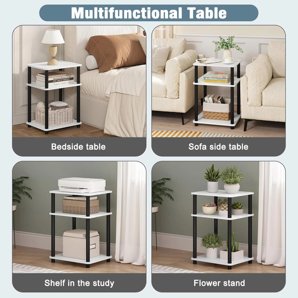 Set di 2 Comodini da Letto a 3 Ripiani, Tavolini Salotto di Legno, Tavolini Divano 40x35x57,5 cm, Facile Assemblaggio, per Camera da Letto Soggiorno, Bianco+Nero
