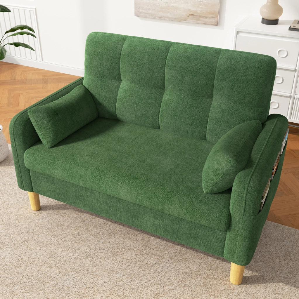 Sofa a 2 posti in chenille verde con 2 cuscini; 119 x 78 x 85 cm