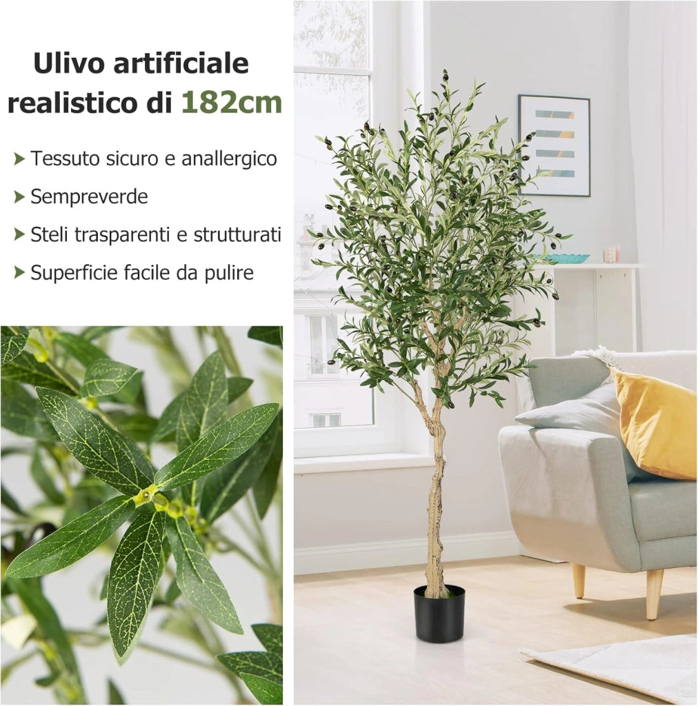 Pianta Finta da Interno da 182 cm, Olivo Artificiale da 2 Pezzi con Vaso di Cemento, 1296 Foglie e 72 Frutti, Pianta Finta per Soggiorno, Ufficio e Negozio (2)