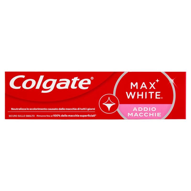 COLGATE DENTIFRICIO MAX WHITE ADDIO MACCHIE SICURO SULLO SMALTO RIMUOVE FINO IL 100% DELLE MACCHIE 75ML