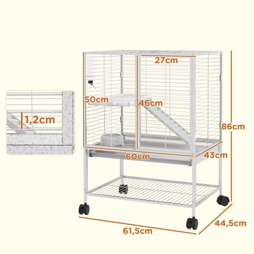 Gabbia per piccoli animali 2 livelli con ruote ¨C zephmum ¨C grigio 61.5x44.5x86 cm