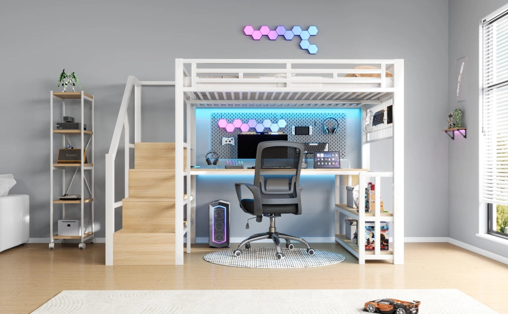 DESMIU Letto a soppalco 2 posti con scrivania, scaffale, griglia, LED regolabile e USB Tipo-C 140 × 200 cm senza materasso