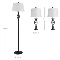 Set 3 Pezzi: 1 Lampada da Terra e 2 Lampade da Tavolo in Metallo, Design Vintage, Lampadine E27, Nero e Bianco