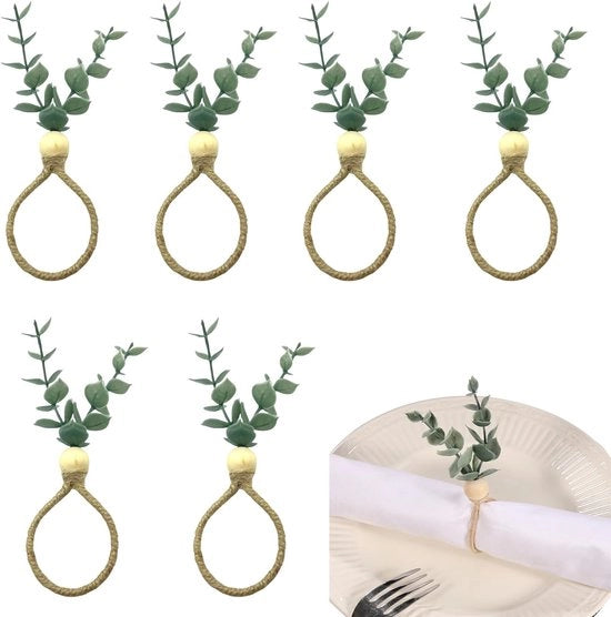 Servizi per tavola bohemien - 6 pezzi - Foglie di eucalipto - Perle di legno - Decorazione da tavola - Decorazione per feste e matrimoni
