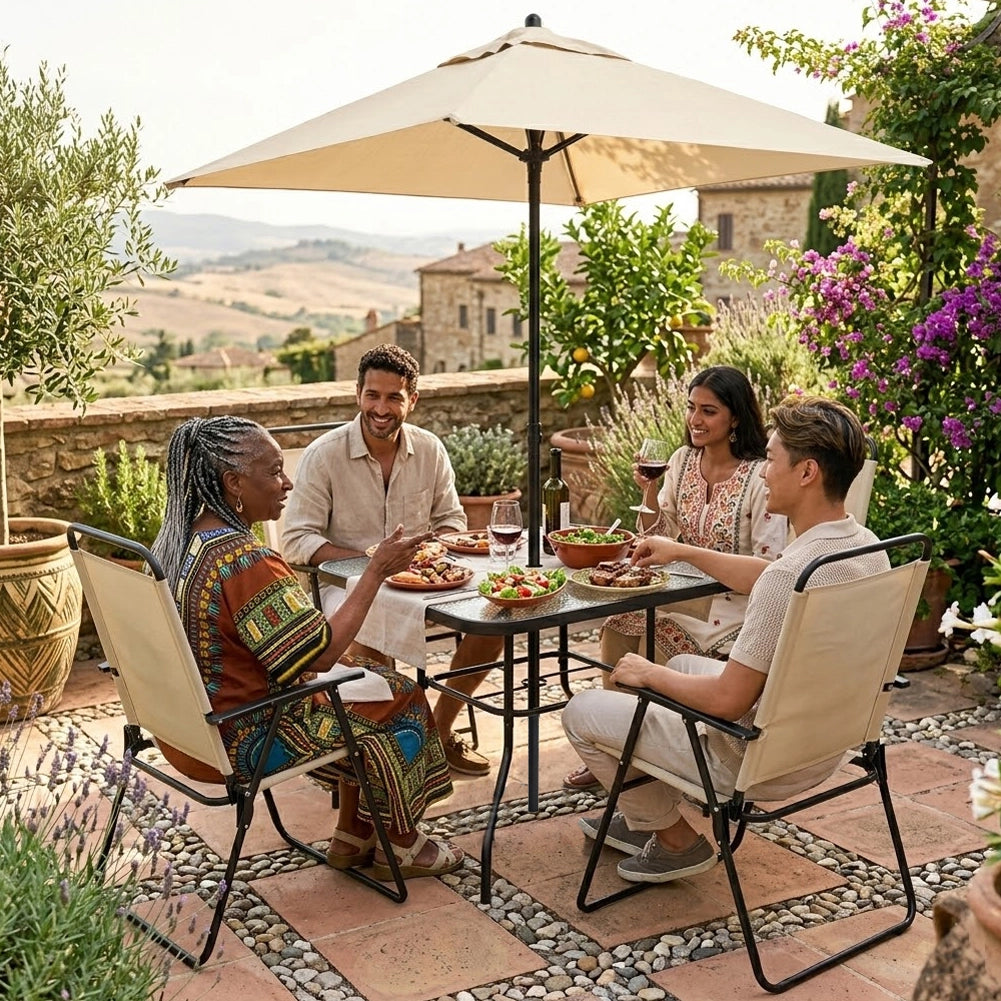 Set da Pranzo 6 Pezzi per Giardino Patio con Ombrellone 4 Sedie Pieghevoli Beige