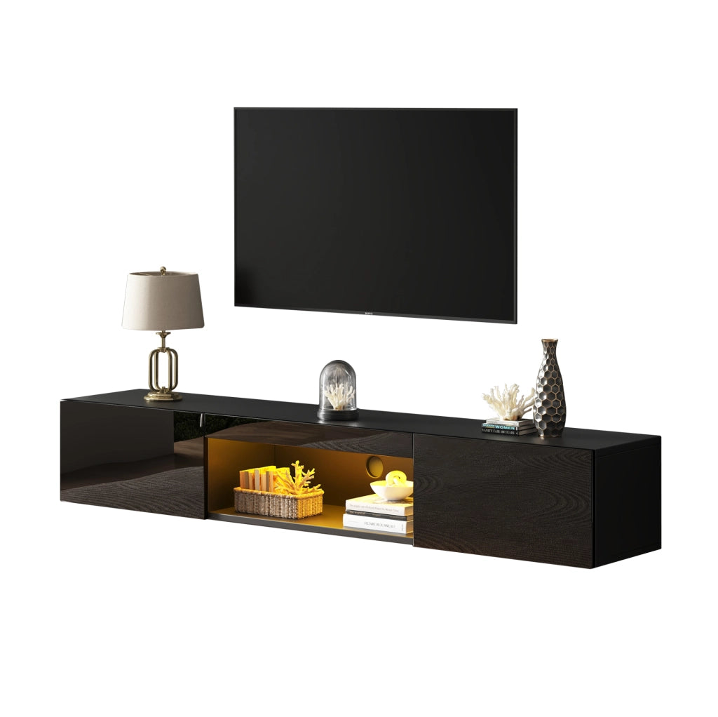 Mobile TV sospeso 160x31x22 cm con illuminazione LED e frontale lucido in legno nero