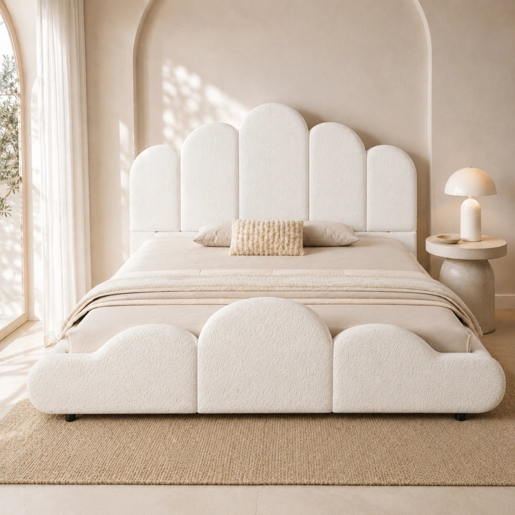 Letto per bambini imbottito 140x200 cm in bouclé beige con testiera e struttura con rete a doghe