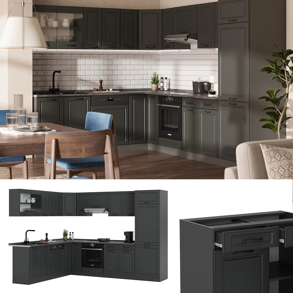 Cucina angolare completa R-Line Antracite rustico/Antracite 287 x 227 cm, PL Rovere Vicco