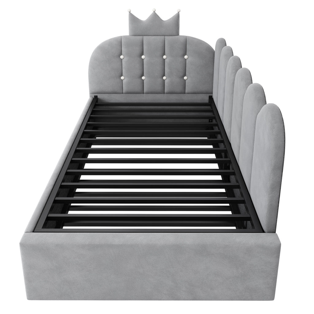 Divano letto con letto estraibile 90x200 cm, velluto grigio, design a corona, L reversibile