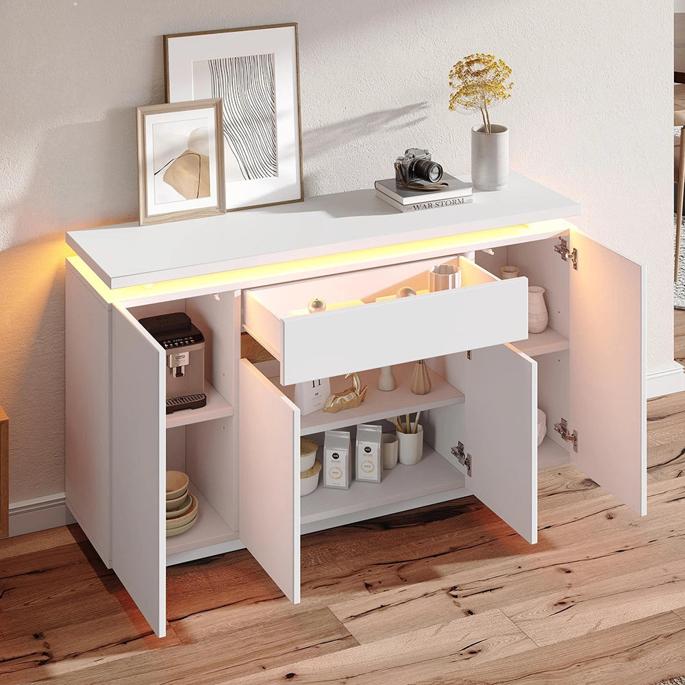 Buffet con illuminazione LED - Xylo - 140x40x80 cm - Bianco - 1 cassetto e 4 porte