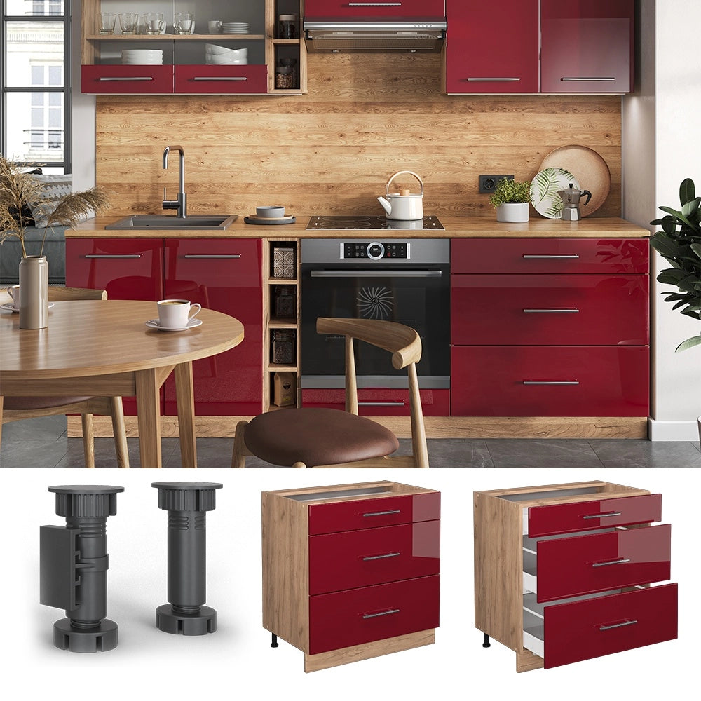 Mobiletto base per cucina Fame-Line Bordeaux lucido/Rovere dorato 80 cm con 3 cassetti, senza piano di lavoro Vicco
