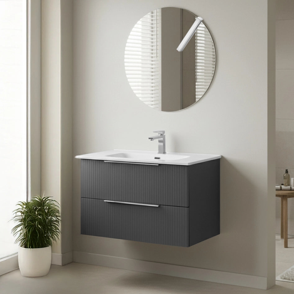 Mobile bagno sospeso 100 cm grigio cannettato con lavabo e specchio tondo Zena