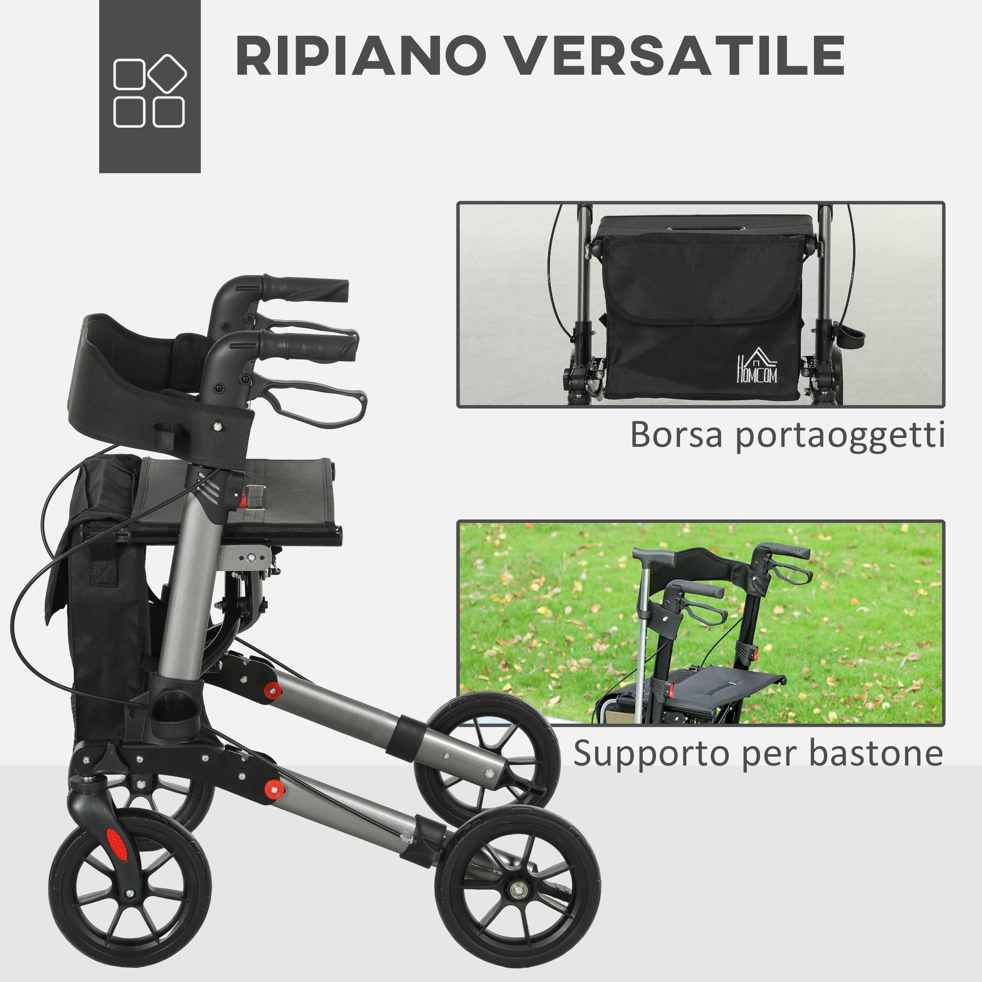 Deambulatore per Anziani e Disabili ad Altezza Regolabile 67x65x79.5-94 cm Pieghevole in Allumino Nero e Argento