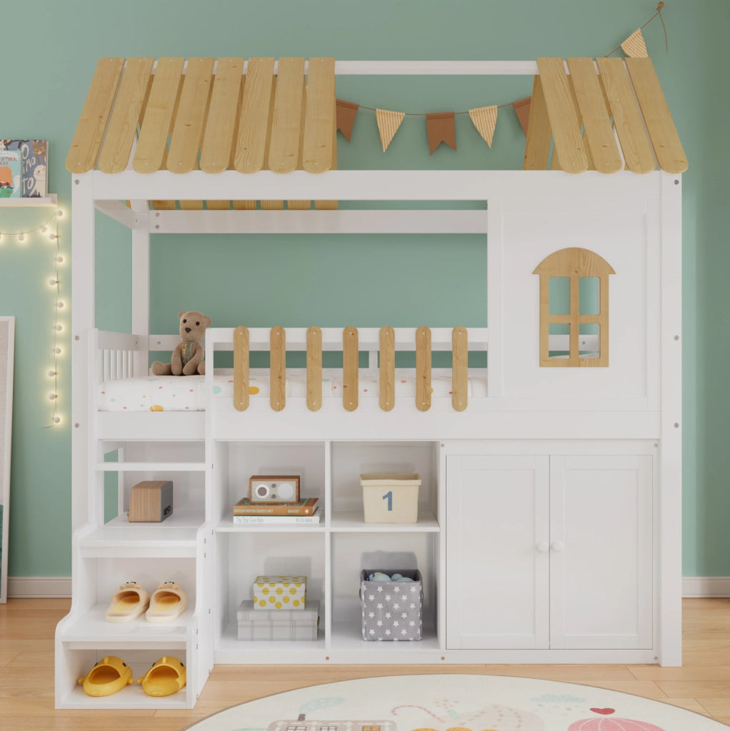 Letto a castello 90x200 cm con armadio, scala contenitore e design a casetta