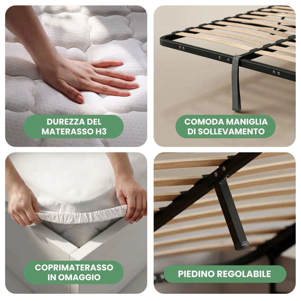 Letto con contenitore 140x200 cm rete sollevabile in metallo e materasso a molle Bianco