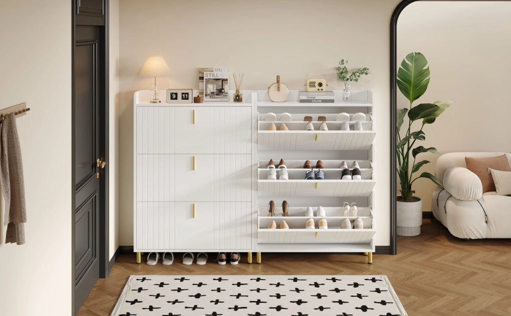 Set di 2 scarpiere a ribalta salvaspazio 80x23x123;5 cm in MDF bianco opaco