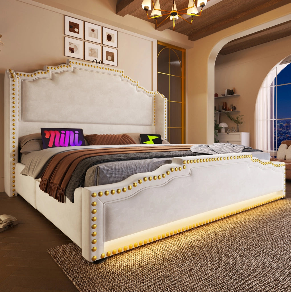 Letto 160x200 cm con 4 cassetti; LED e USB Type-C in velluto beige