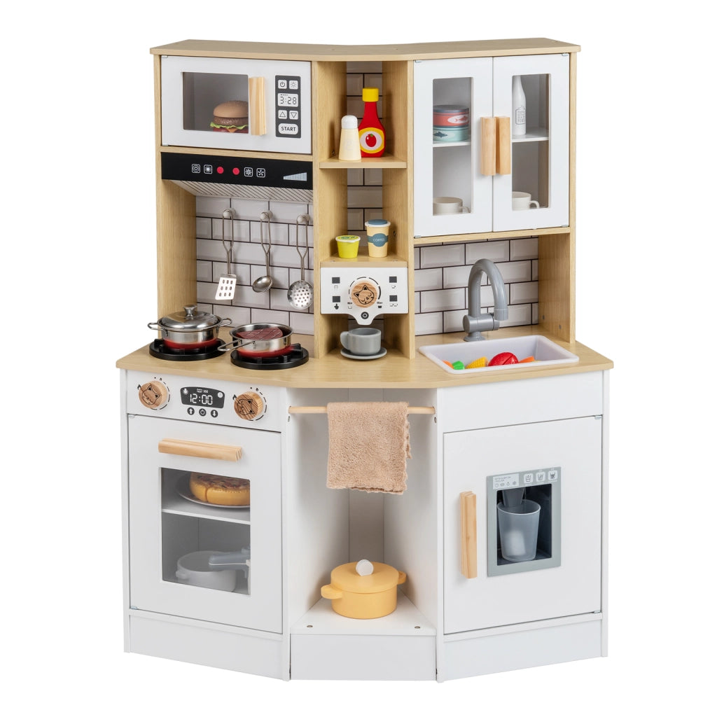Cucina giocattolo bambini suoni luci legno fornello lavandino cappa-Cucina ghiaccio caffè microonde forno set bambini 3+anni Naturale