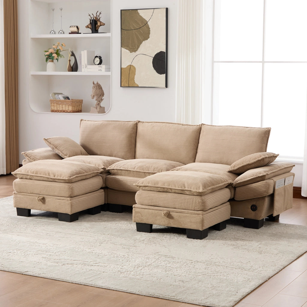 Divano modulare a 3 posti in velluto a coste khaki con 2 pouf, USB-C e tasche laterali