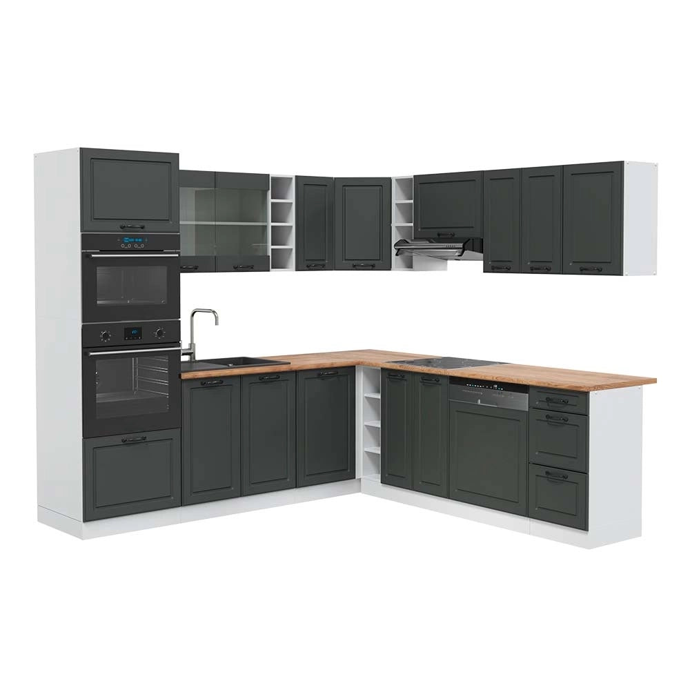 Cucina angolare completa R-Line Antracite rustico/Bianco 247 x 237 cm, PL Rovere Vicco