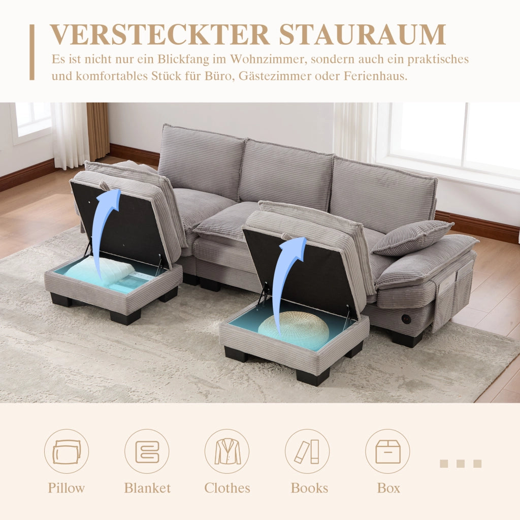 Divano modulare a 3 posti in velluto a coste con seduta ampia con 2 pouf porta usb-c e tasche laterali grigio chiaro