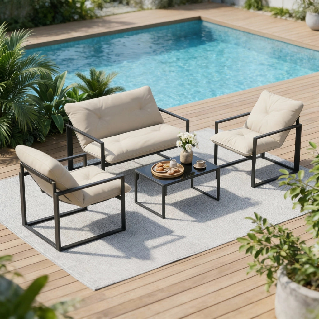 Set 4 Pezzi da Giardino con Divanetto 2 Poltrone e Tavolino in Acciaio, Poliestere e Cotone PP Beige e Grigio